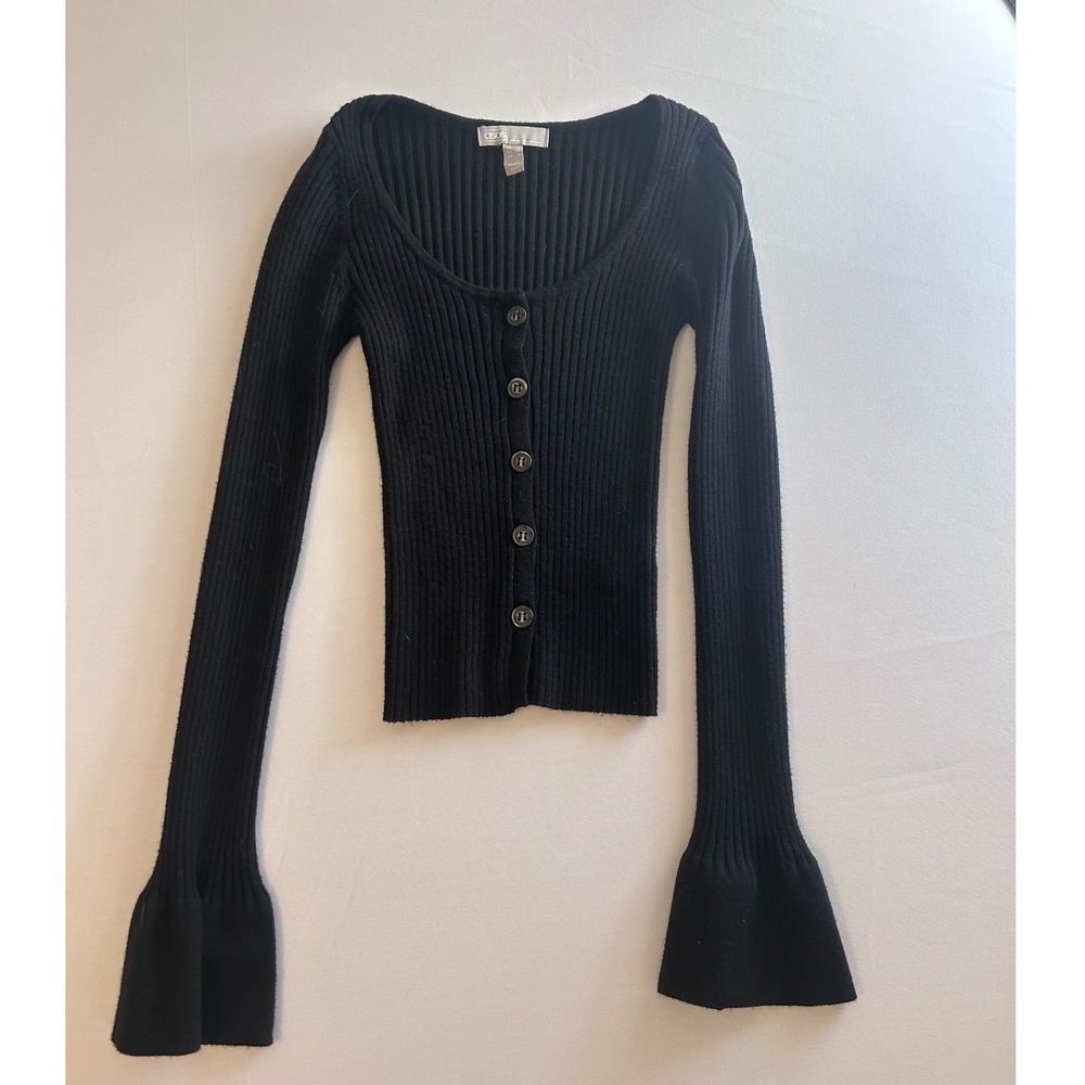 ASOS Ribbed Cardigan Women Size 4 Black Flare Sleeve Scoop Neck 08249118
